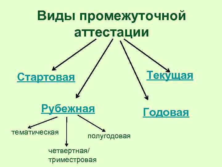 Виды промежуточной аттестации Текущая Стартовая Рубежная тематическая полугодовая четвертная/ триместровая Годовая 