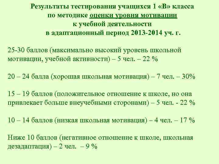 Результаты тестирования учащихся 1 «В» класса по методике оценки уровня мотивации к учебной деятельности