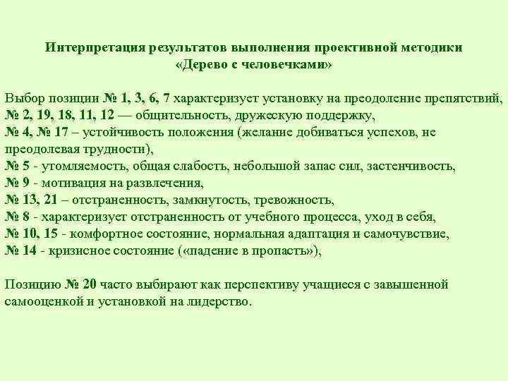 Интерпретация результатов выполнения проективной методики «Дерево с человечками» Выбор позиции № 1, 3, 6,