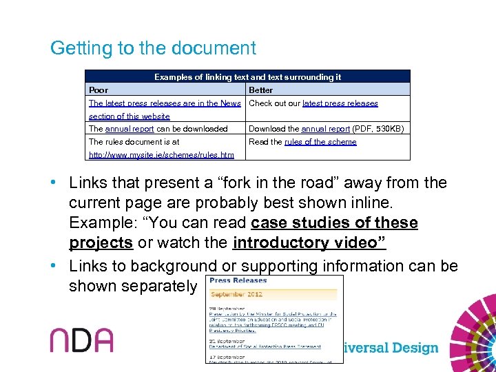 Getting to the document Examples of linking text and text surrounding it Poor Better