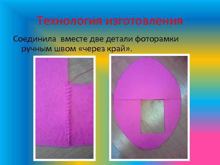 Технология изготовления Соединила вместе две детали фоторамки ручным швом «через край» . 