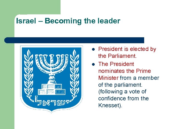 Israel – Becoming the leader l l President is elected by the Parliament. The