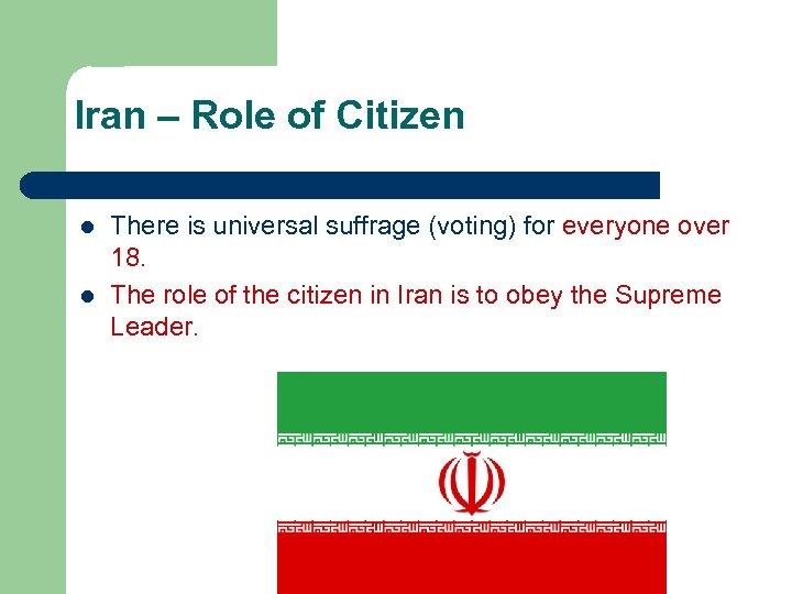 Iran – Role of Citizen l l There is universal suffrage (voting) for everyone