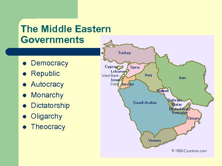 The Middle Eastern Governments l l l l Democracy Republic Autocracy Monarchy Dictatorship Oligarchy