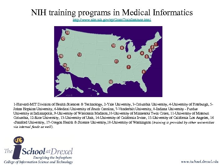NIH training programs in Medical Informatics http: //www. nlm. nih. gov/ep/Grant. Train. Institute. html
