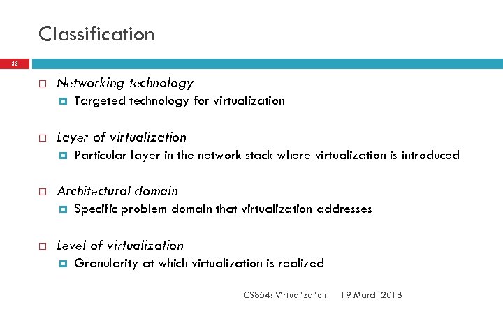 Classification 33 Networking technology Layer of virtualization Particular layer in the network stack where