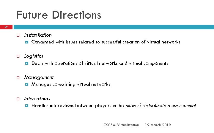 Future Directions 39 Instantiation Logistics Deals with operations of virtual networks and virtual components