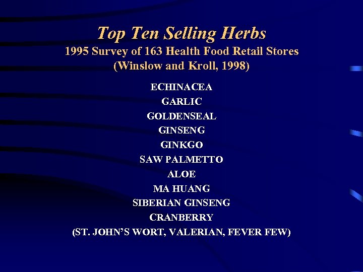 Top Ten Selling Herbs 1995 Survey of 163 Health Food Retail Stores (Winslow and