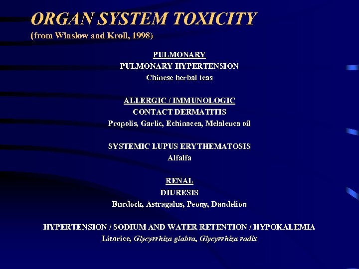 ORGAN SYSTEM TOXICITY (from Winslow and Kroll, 1998) PULMONARY HYPERTENSION Chinese herbal teas ALLERGIC