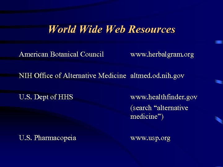 World Wide Web Resources American Botanical Council www. herbalgram. org NIH Office of Alternative