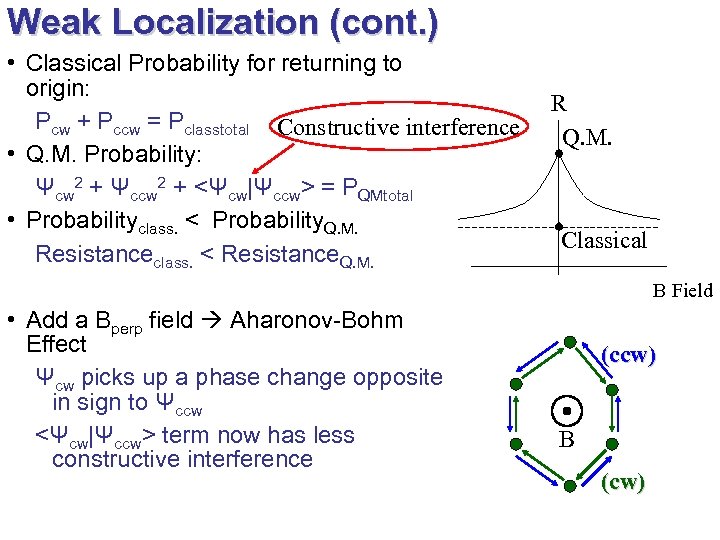 Weak Localization (cont. ) • Classical Probability for returning to origin: Pcw + Pccw