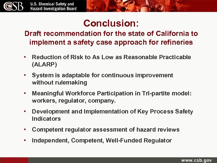 Conclusion: Draft recommendation for the state of California to implement a safety case approach