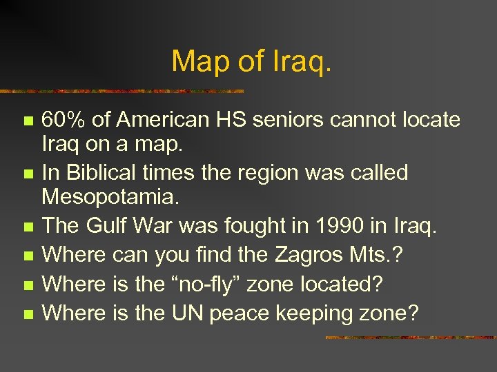 Map of Iraq. n n n 60% of American HS seniors cannot locate Iraq
