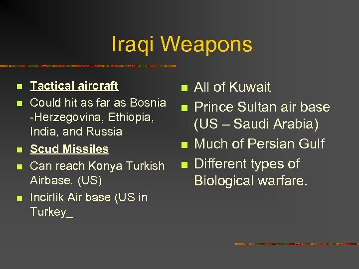 Iraqi Weapons n n n Tactical aircraft Could hit as far as Bosnia -Herzegovina,