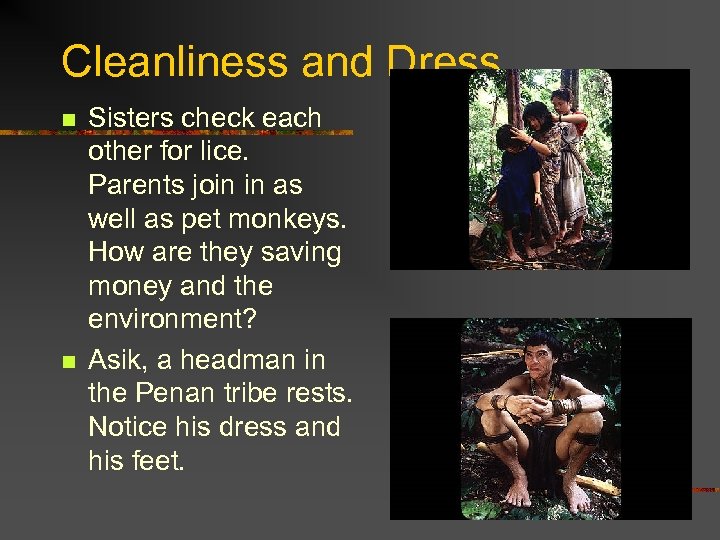 Cleanliness and Dress n n Sisters check each other for lice. Parents join in