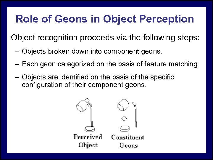 Role of Geons in Object Perception Object recognition proceeds via the following steps: –