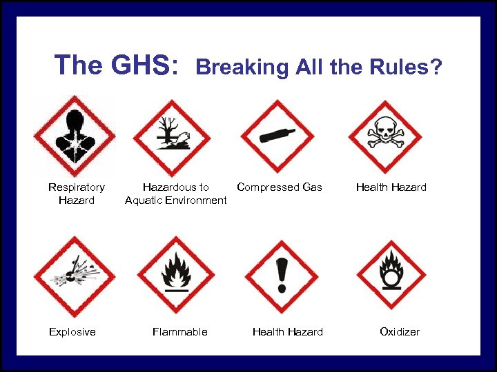 The GHS: Respiratory Hazard Explosive Breaking All the Rules? Hazardous to Compressed Gas Aquatic