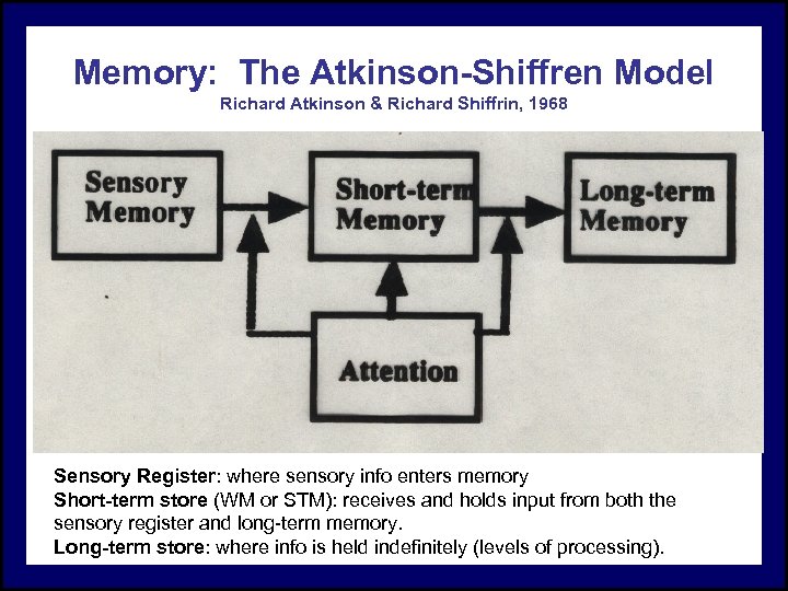 Memory: The Atkinson-Shiffren Model Richard Atkinson & Richard Shiffrin, 1968 Sensory Register: where sensory