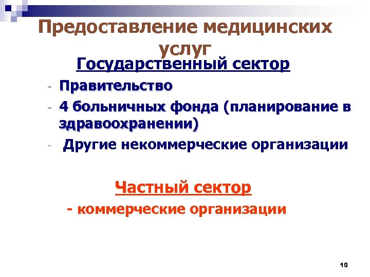 Предоставление медицинских услуг Государственный сектор Правительство - 4 больничных фонда (планирование в здравоохранении) -