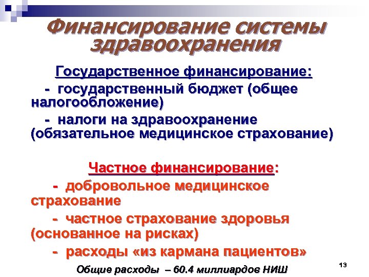 Финансирование системы здравоохранения Государственное финансирование: - государственный бюджет (общее налогообложение) - налоги на здравоохранение