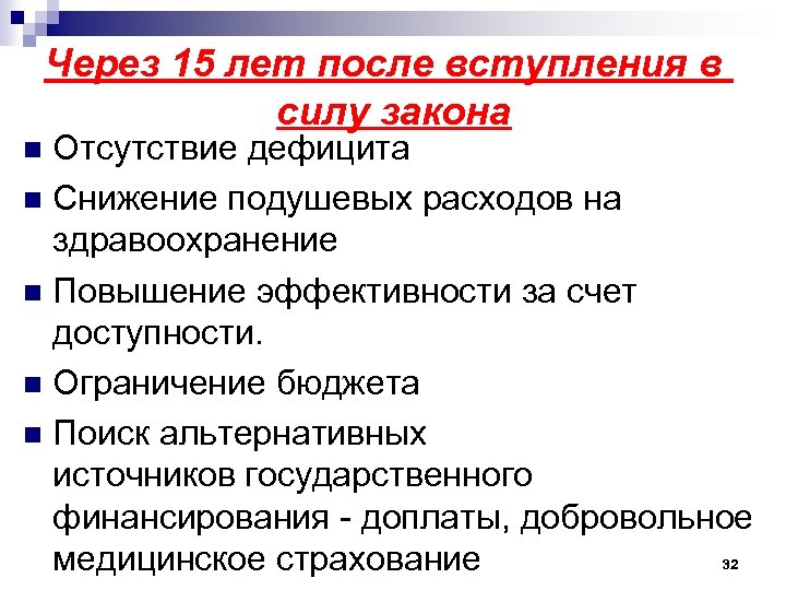 Через 15 лет после вступления в силу закона Отсутствие дефицита n Снижение подушевых расходов