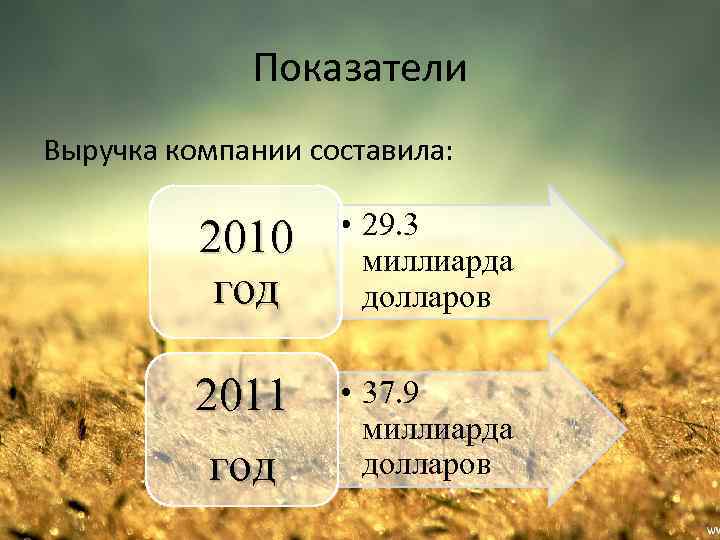 Показатели Выручка компании составила: 2010 год • 29. 3 миллиарда долларов 2011 год •