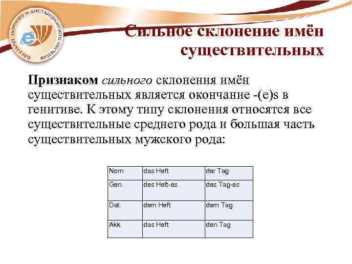 Сильное склонение имён существительных Признаком сильного склонения имён существительных является окончание -(e)s в генитиве.