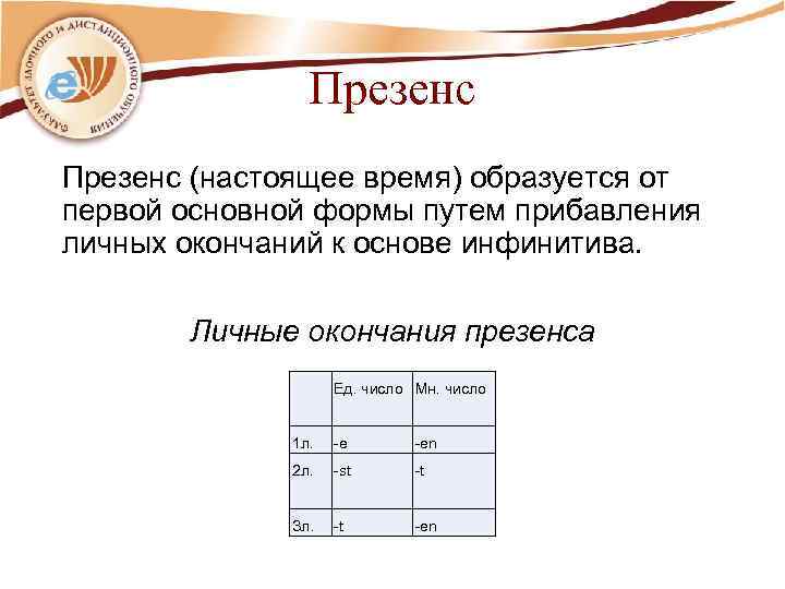 Презенс (настоящее время) образуется от первой основной формы путем прибавления личных окончаний к основе