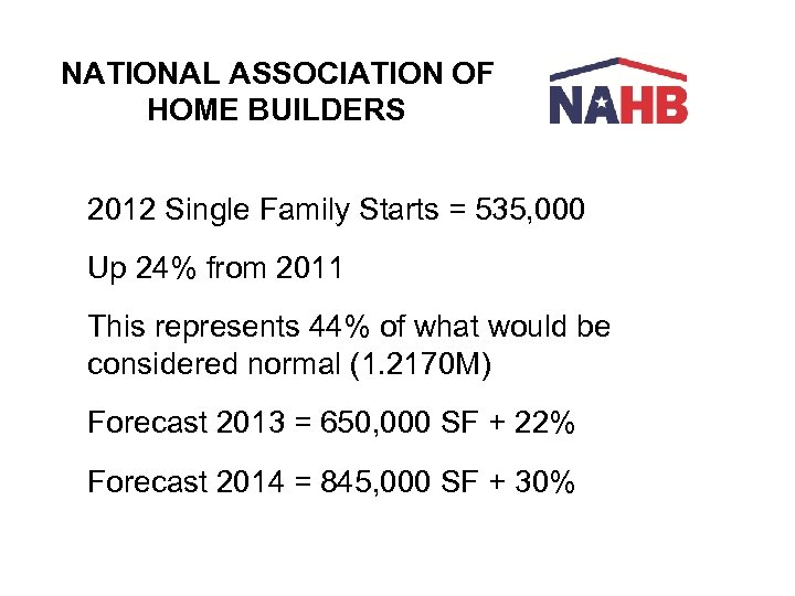 NATIONAL ASSOCIATION OF HOME BUILDERS 2012 Single Family Starts = 535, 000 Up 24%