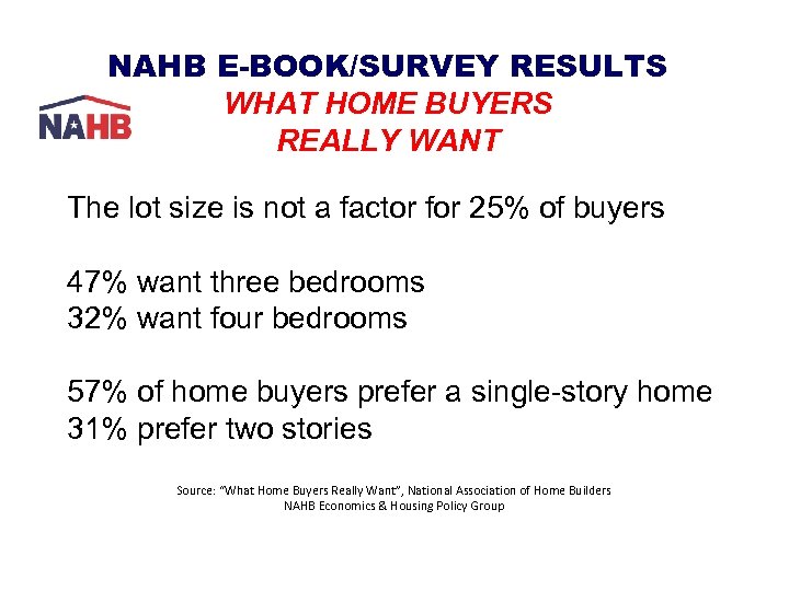 NAHB E-BOOK/SURVEY RESULTS WHAT HOME BUYERS REALLY WANT The lot size is not a