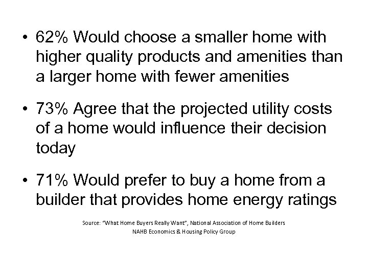  • 62% Would choose a smaller home with higher quality products and amenities