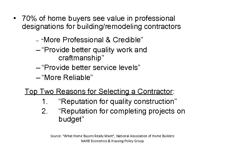  • 70% of home buyers see value in professional designations for building/remodeling contractors