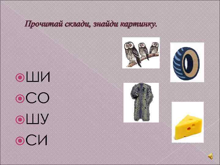 Прочитай склади, знайди картинку. ШИ СО ШУ СИ 