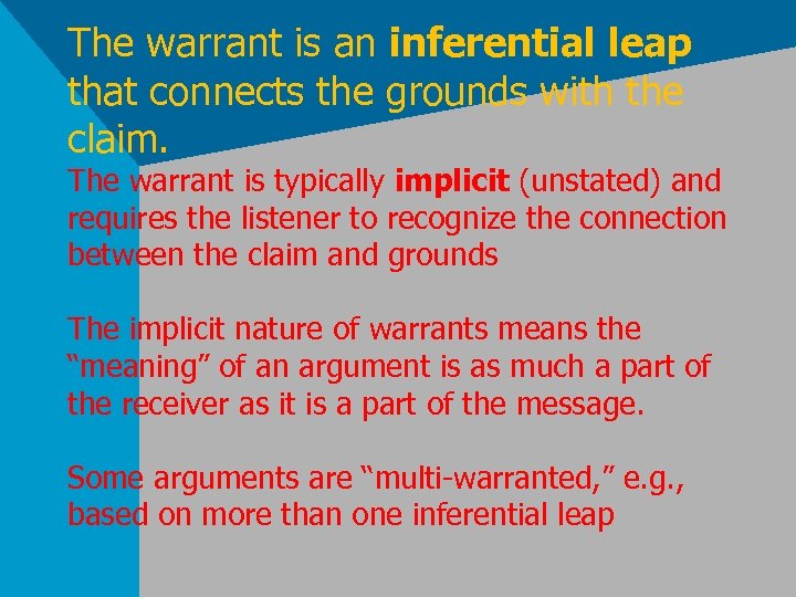 The warrant is an inferential leap that connects the grounds with the claim. The