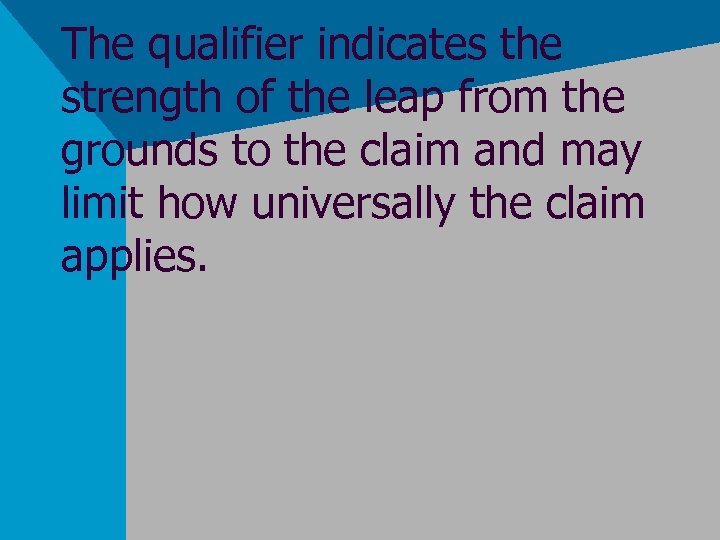 The qualifier indicates the strength of the leap from the grounds to the claim