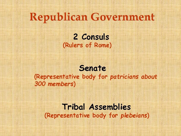 Republican Government 2 Consuls (Rulers of Rome) Senate (Representative body for patricians about 300