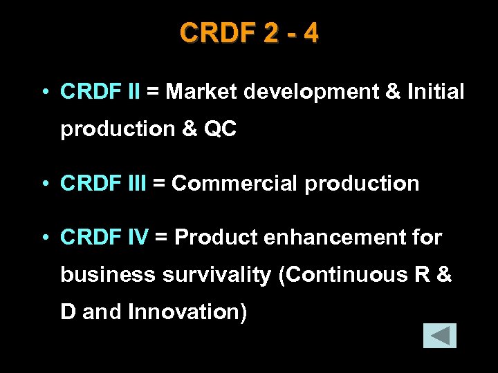 CRDF 2 - 4 • CRDF II = Market development & Initial production &