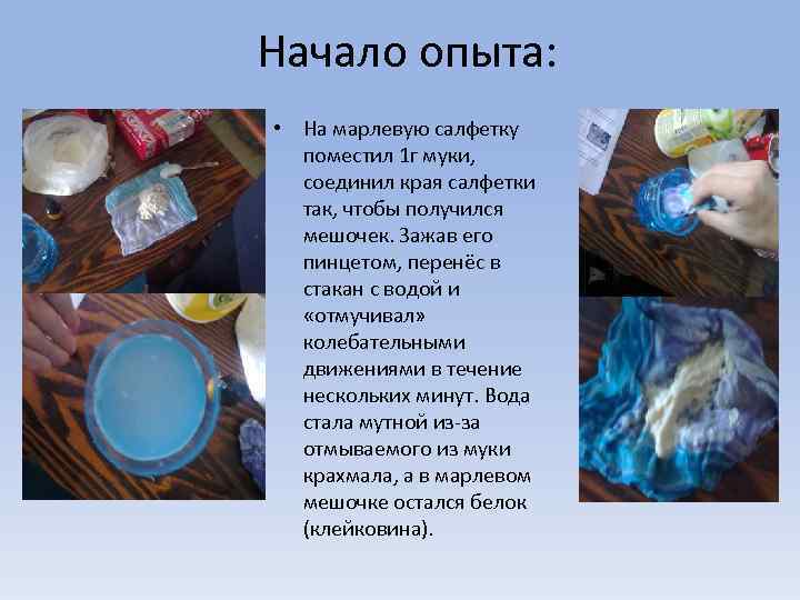 Начало опыта: • На марлевую салфетку поместил 1 г муки, соединил края салфетки так,