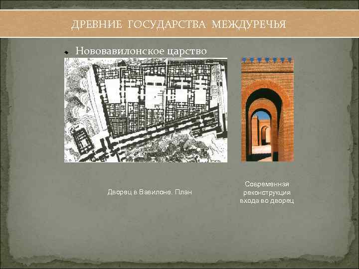 ДРЕВНИЕ ГОСУДАРСТВА МЕЖДУРЕЧЬЯ Нововавилонское царство Дворец в Вавилоне. План Современная реконструкция входа во дворец