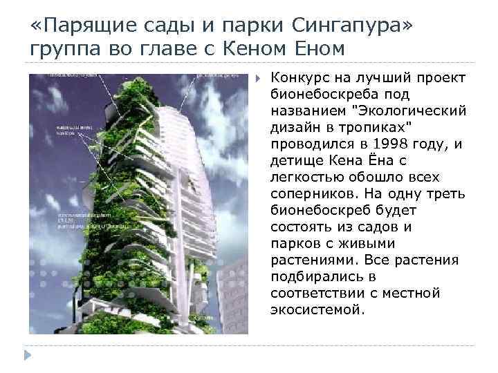  «Парящие сады и парки Сингапура» группа во главе с Кеном Еном Конкурс на