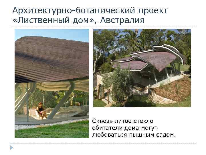 Архитектурно-ботанический проект «Лиственный дом» , Австралия Сквозь литое стекло обитатели дома могут любоваться пышным