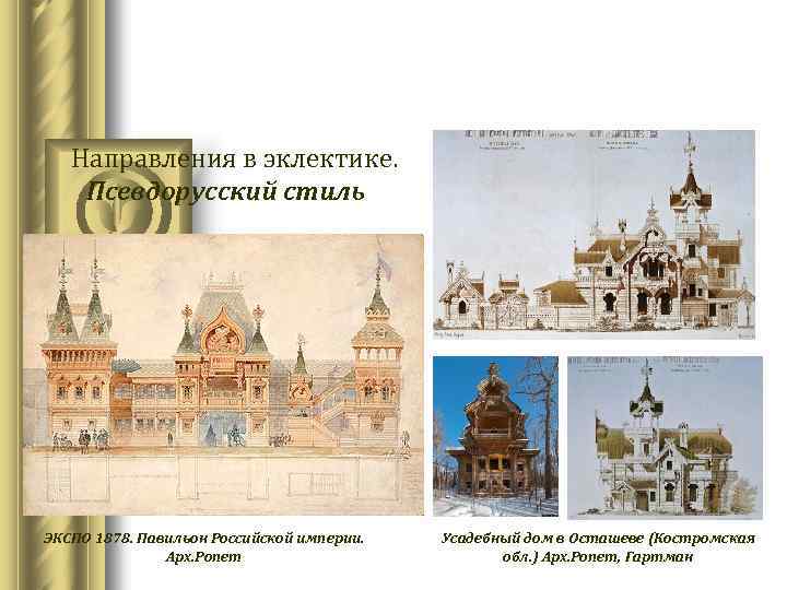  Направления в эклектике. Псевдорусский стиль ЭКСПО 1878. Павильон Российской империи. Арх. Ропет Усадебный
