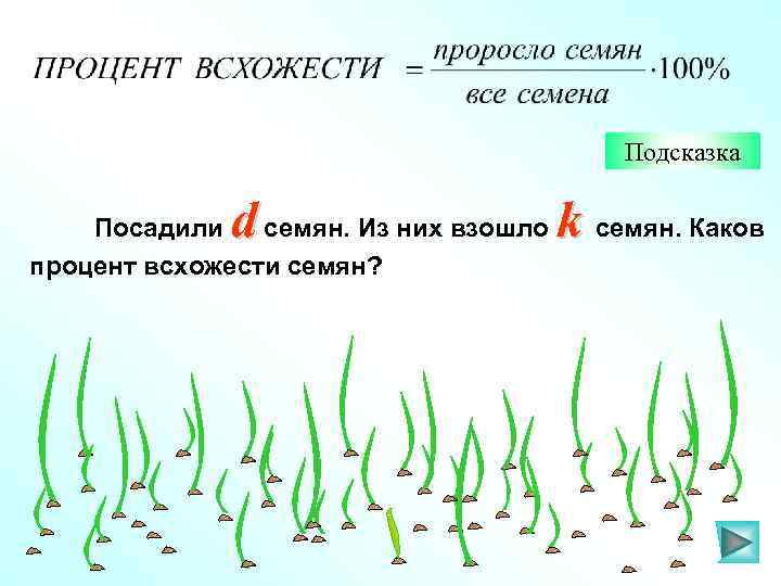 Подсказка d Посадили семян. Из них взошло процент всхожести семян? k семян. Каков 