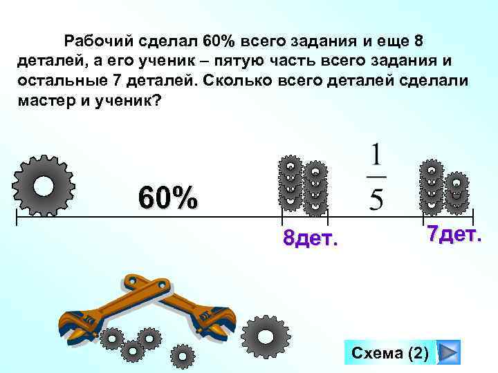 Рабочий сделал 60% всего задания и еще 8 деталей, а его ученик – пятую