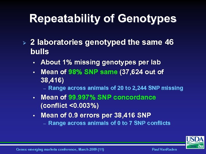 Repeatability of Genotypes Ø 2 laboratories genotyped the same 46 bulls • • About