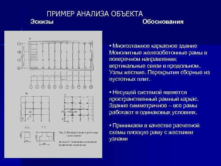 ПРИМЕР АНАЛИЗА ОБЪЕКТА Эскизы Обоснования • Многоэтажное каркасное здание Монолитные железобетонные рамы в поперечном