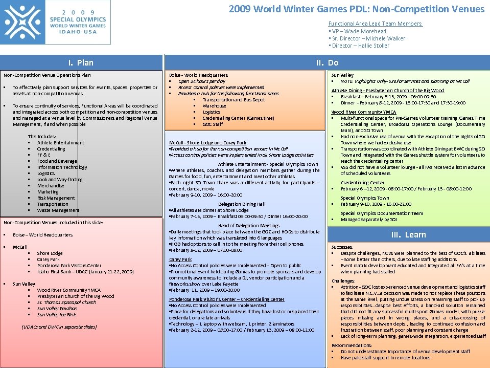 2009 World Winter Games PDL: Non-Competition Venues Functional Area Lead Team Members: • VP
