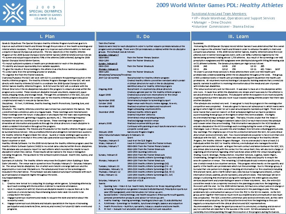 2009 World Winter Games PDL: Healthy Athletes Functional Area Lead Team Members: • VP