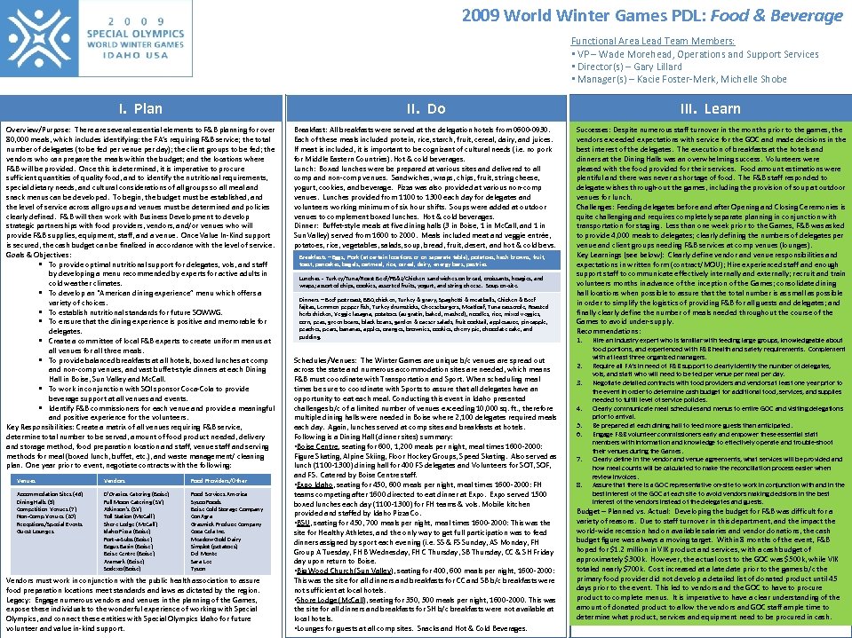 2009 World Winter Games PDL: Food & Beverage Functional Area Lead Team Members: •