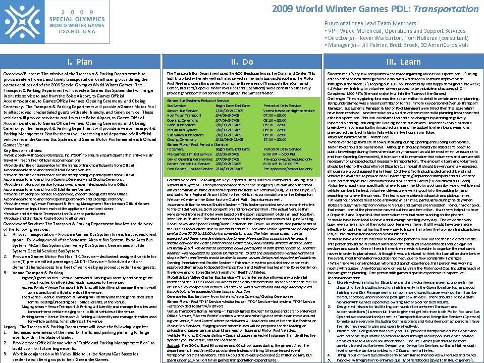 2009 World Winter Games PDL: Transportation Functional Area Lead Team Members: • VP –